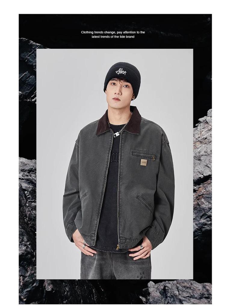 GURBAKS Vintage Distressed Washed Jacket for Men - Heavyweight Colorblock Lapel Workwear.