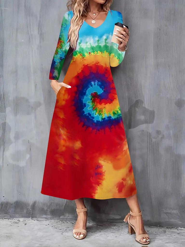 2025 Autumn and Winter New Women Casual Fashion Dress 3D Tie-dye Print Long Sleeve V-Neck A-Line Dresses