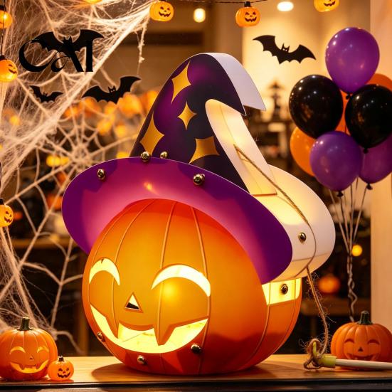 Indoor Festive Atmosphere Props Halloween Lantern Craft Set for Kids, DIY Handheld Paper Pumpkin Ghost Battery Operated LED Lights with Light Trick or