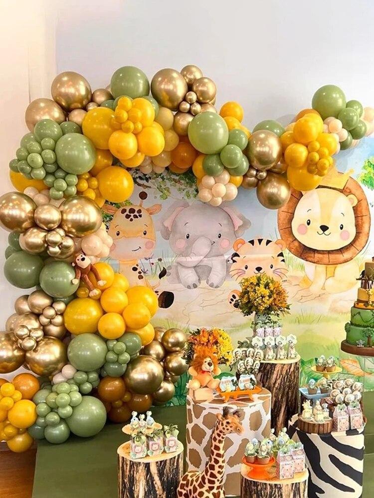 1Set, Safari Park Jungle Balloon Flower Arch Set Tropical Theme Party Supplies Birthday Wedding Graduation Gold White Decoration