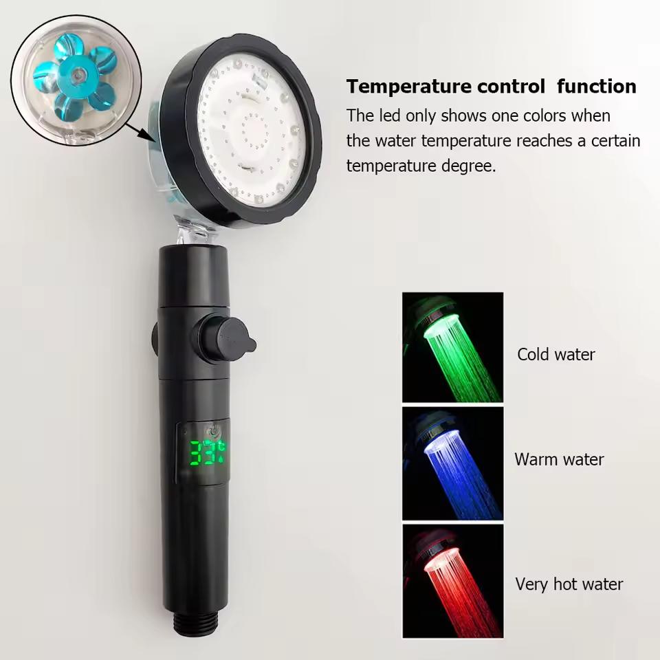 LED Digital Temperature Display Shower Head High Pressure Colors Changes Propeller Showerhead with Adjustable Stop Button Shower