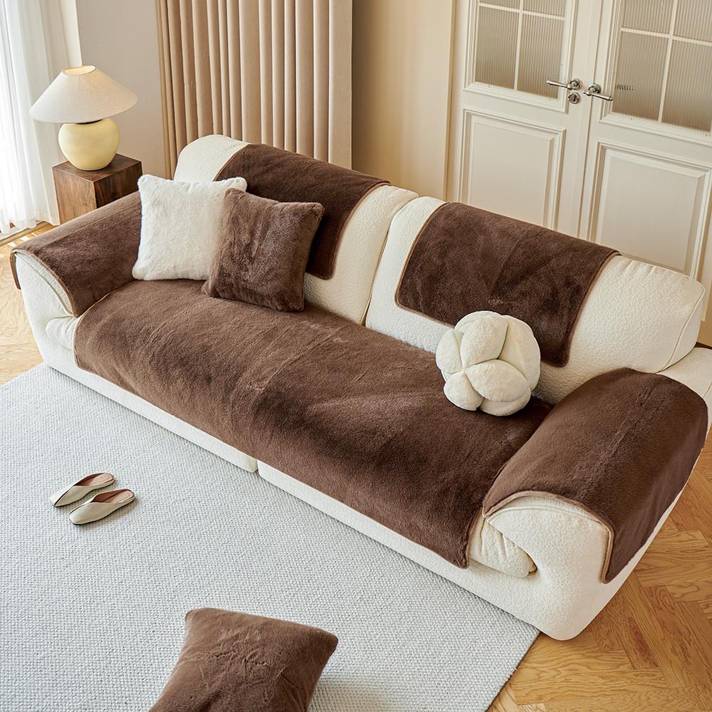 Solid Color Winter Plush Sofa Cushion Anti-Slip Thickened Warm Durable Dustproof Seat Cover Throw Blanket Machine Washable