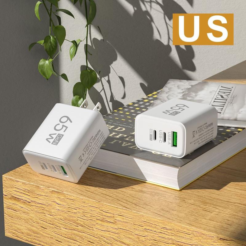 65W GaN Reise-Ladegerät EU-Stecker Dual USB C + USB A Port Schnelllade-Wandadapter Kompaktes Ladegerät für Telefon Laptop Tablet