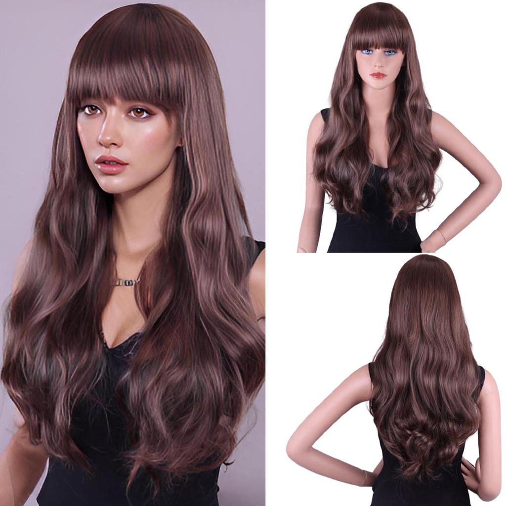 26 Inch Long Curly Full Wigs with Bangs Natural Looking Breathable Wigs for Photography Stage Movie Hair
