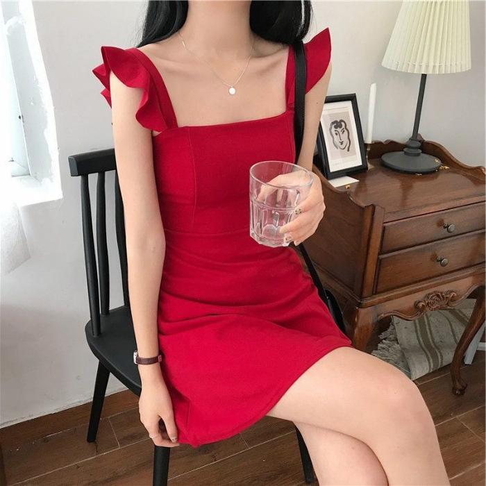 Fashion slim and thin sexy backless dress summer new small fresh fungus edge suspender skirt