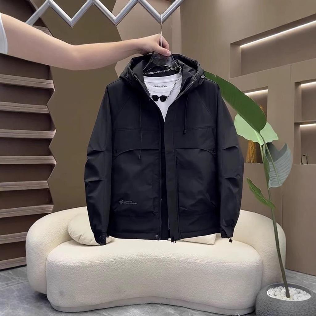 2024 Korean Style Men's Windproof Hooded Cotton Jacket - Autumn/Winter Workwear Padded Outerwear