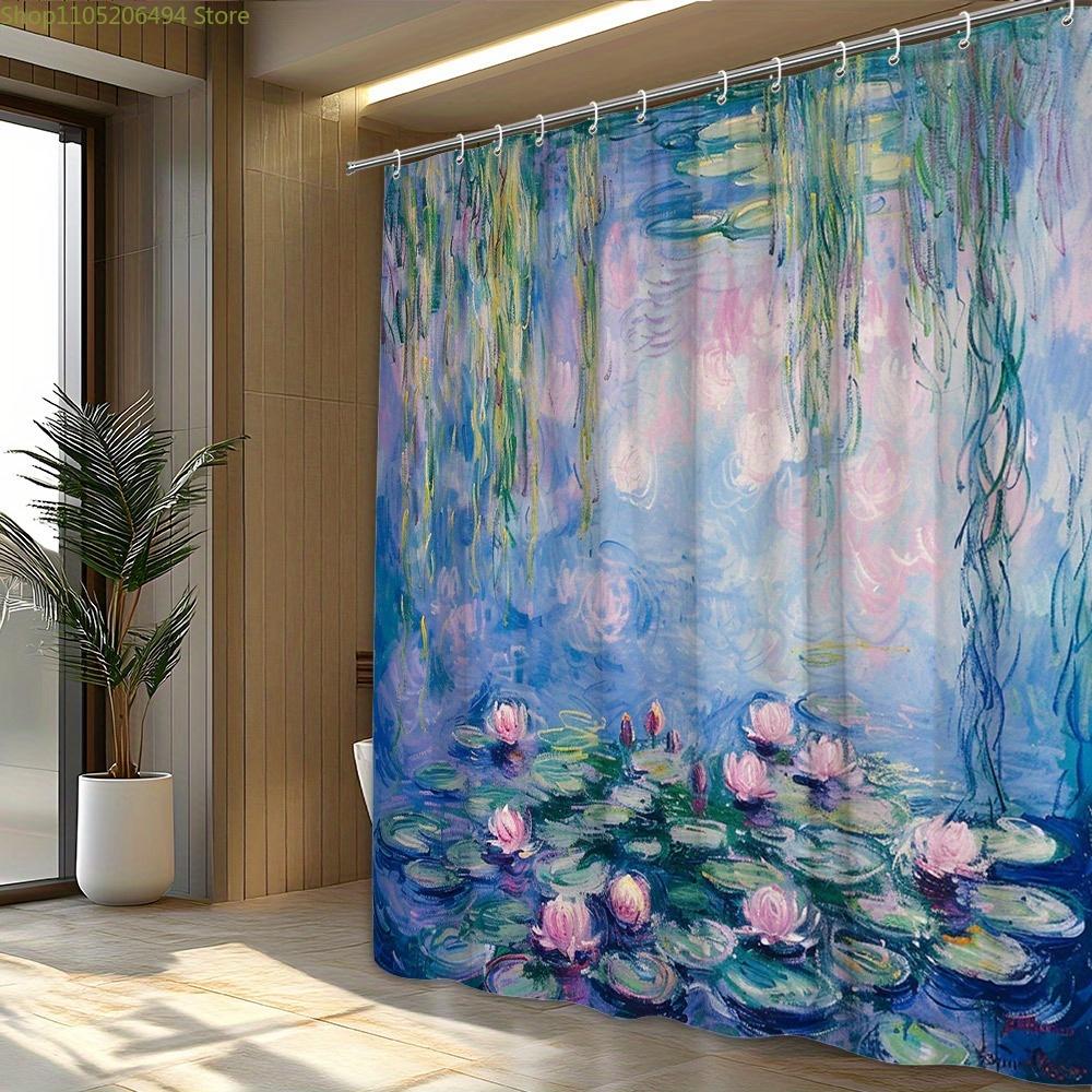 1pc Impressionist Water Lilies & Willow Branches Shower Curtain - Vibrant Pink Lilies on Tranquil Pond Design, Polyester Fabri