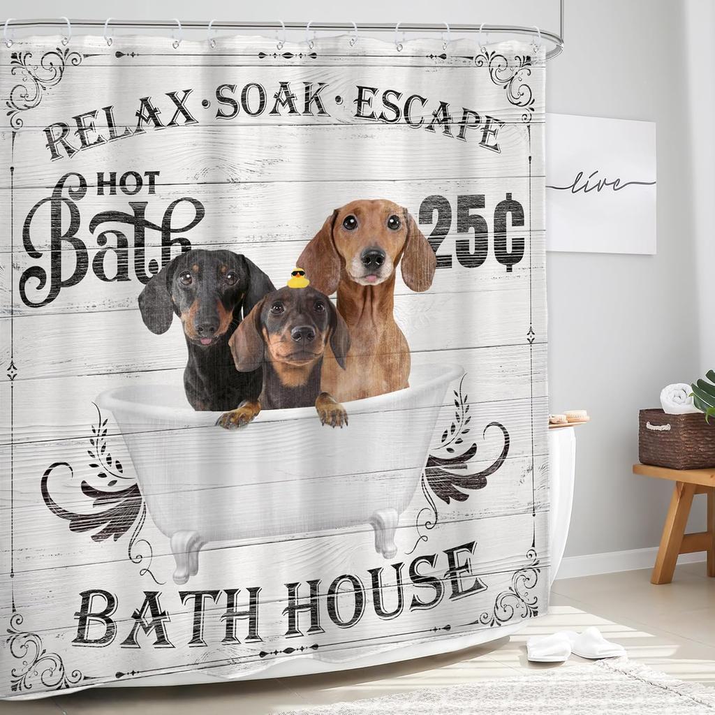 Perdea de duș câini amuzanți fermă vintage drăguț hilar pui de teckel animale de companie set baie baie săpun modern bule