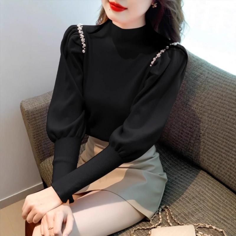 Womens Half Turtleneck Knit Sweater Solid Color Lantern Sleeve Slim Fit Top Winter