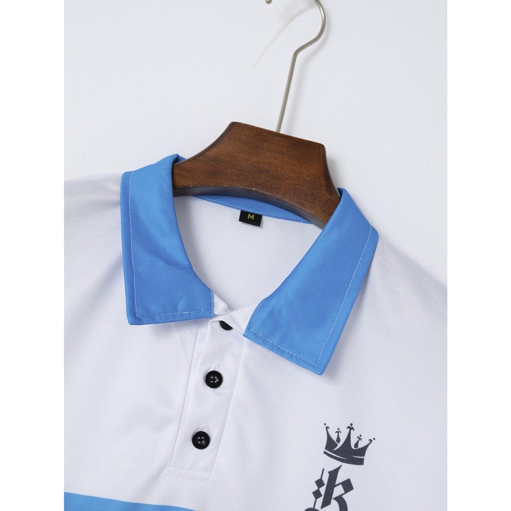 Colour Block Printed Short Sleeve Top Men's Daily Casual Lapel Polo Shirt