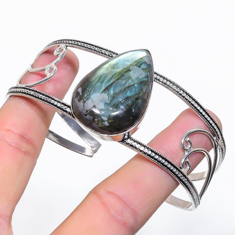 Labradorite Gemstone 925 Sterling Silver Cuff Bangle Adjustable