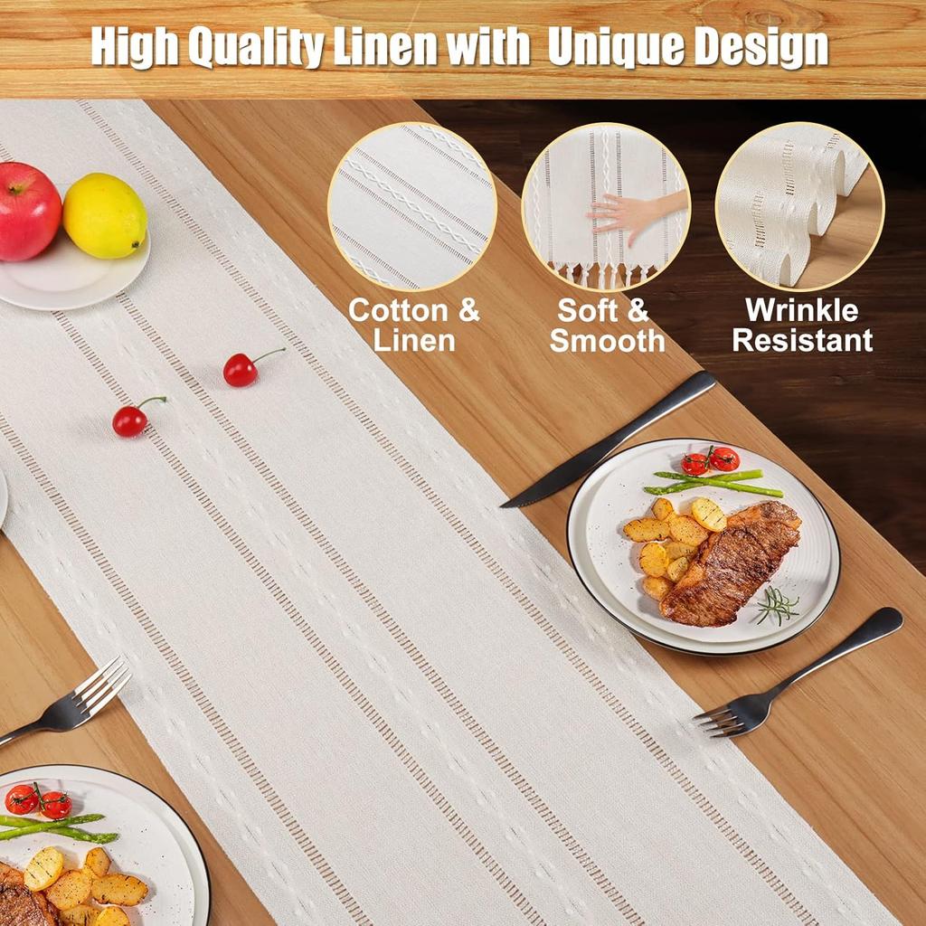 Table Runner, Boho Farmhouse Table Runners 72 Inches Long with Tassels for Holiday Party, Linen Beige Table Runners Wrinkle Free for Wedding Dining