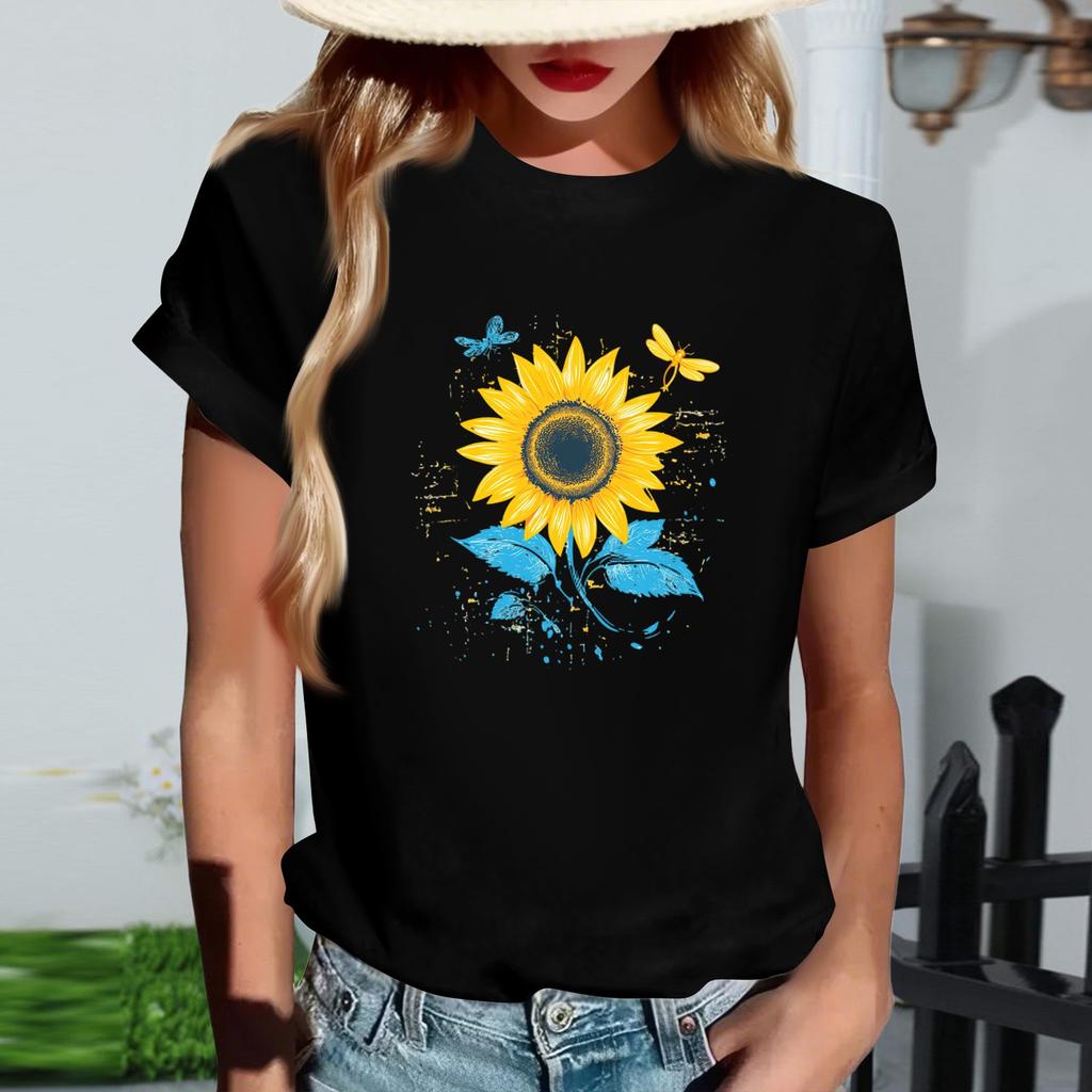 Damen Modisches Rundhals Casual Retro Print Kurzarm T-Shirt Top