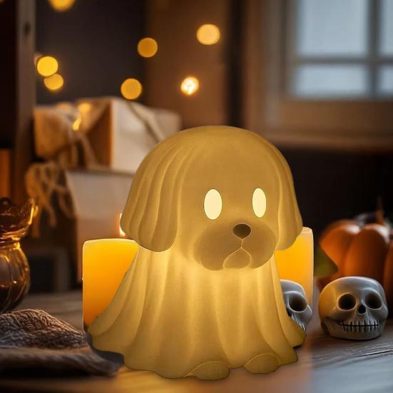 Halloween Ghost Dog Night Lamp Glowing Translucent Puppy Statue Figurine Holiday Party Home Office Bedroom Decorative Lamp Dog Lovers Gift