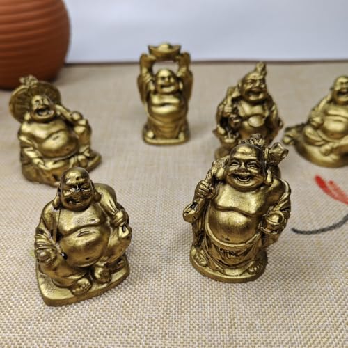 Lucky Laughing Buddha Figurine Set, Set of 6 Buddha Figurines, Good Luck Ornaments, Traditional Chinese Design