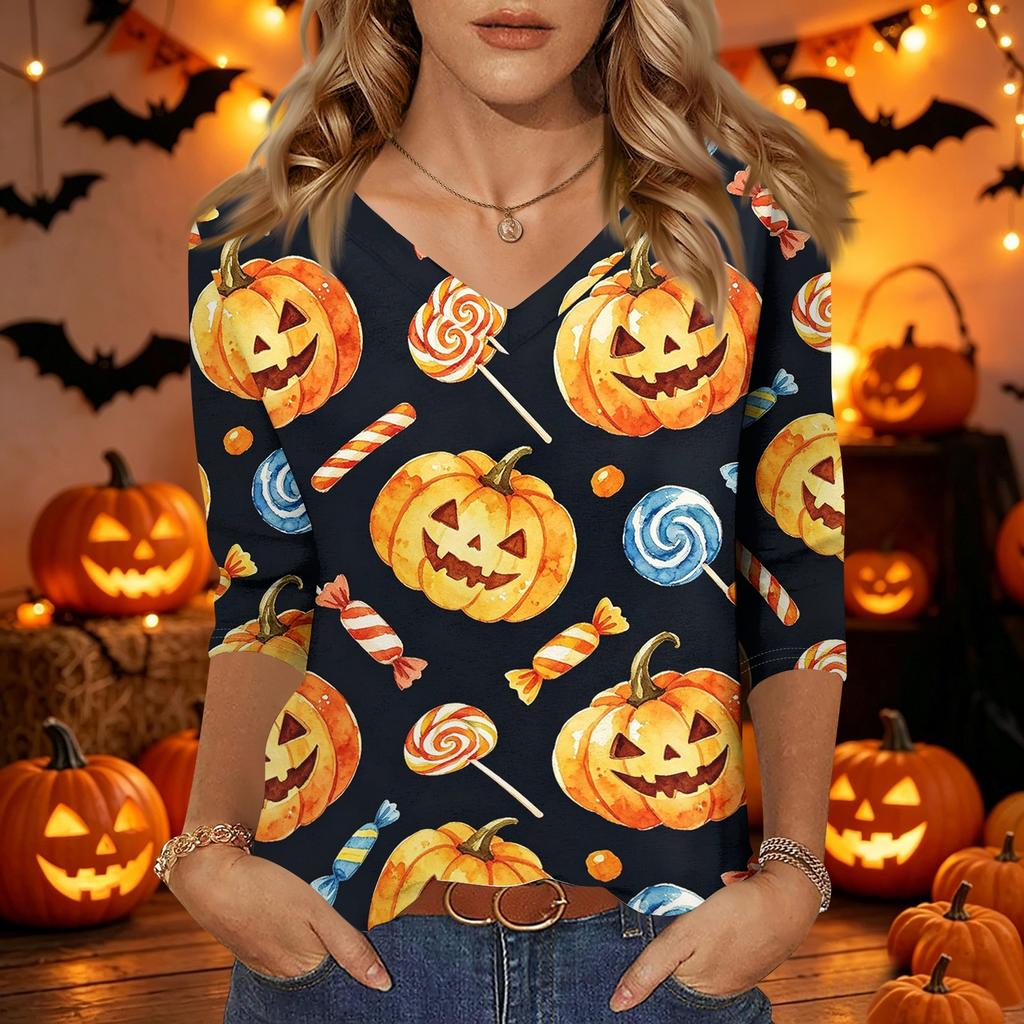 Damen Freizeit V-Ausschnitt Dreiviertelarm Oberteil Halloween Kürbisdruck Leichte Bluse für Herbst und Alltag