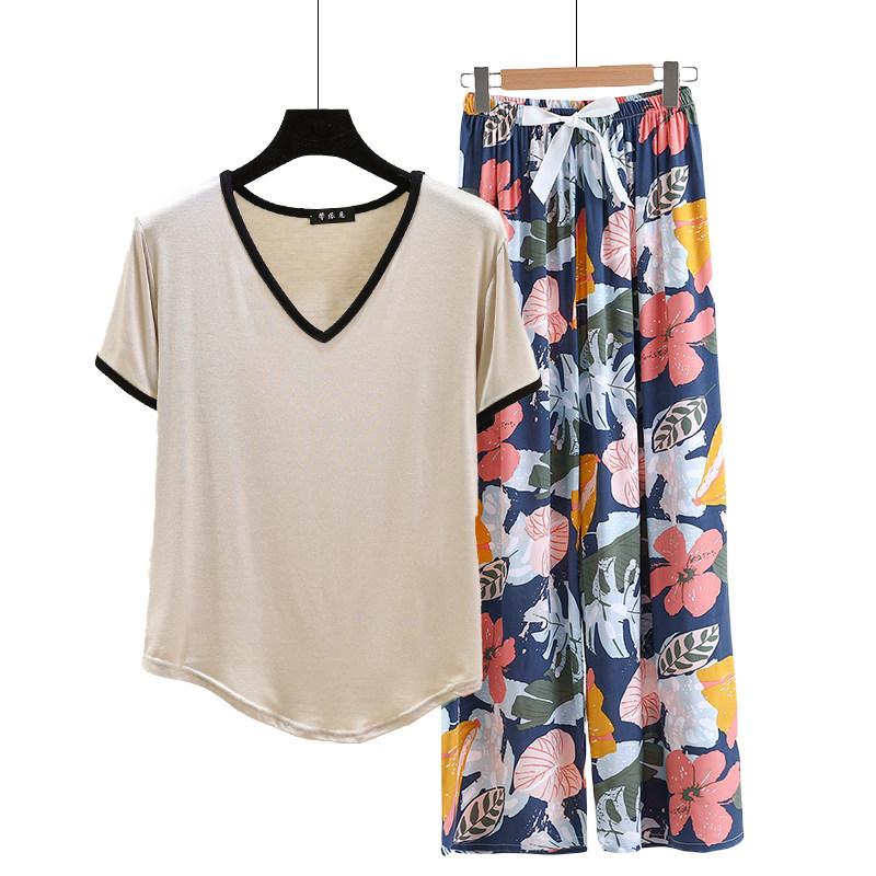 Modal Loungewear V-Neck color-block Tshirt and Floral Wide leg pants Summer Thin Pajamas sets Casual Plus size Homewear 2pcs suit Comfort clothing