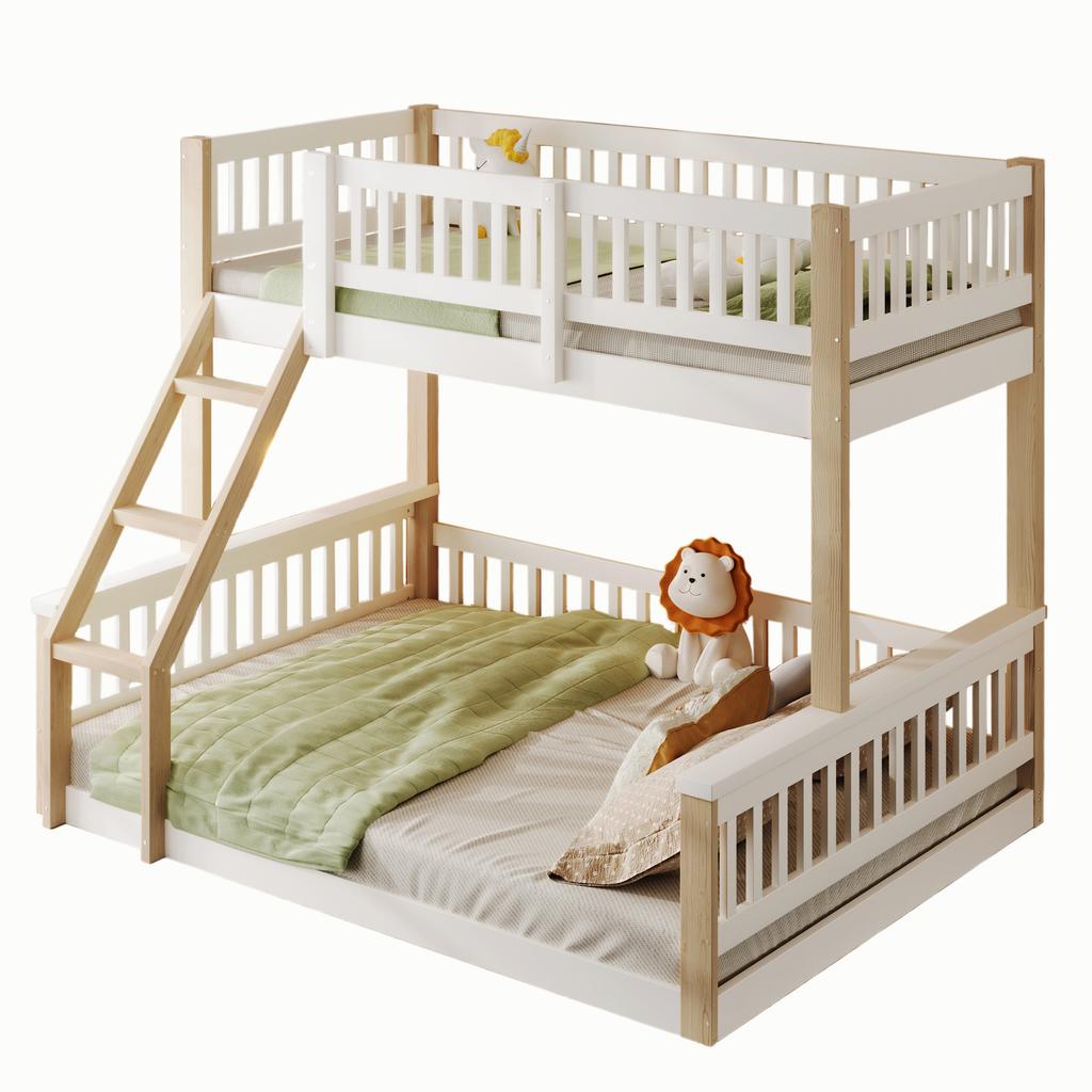 Bunk Bed, 90x200cm+140x200cm, Ladder, Bed Guard Rail, Simple Style, without Mattress, White + Natural