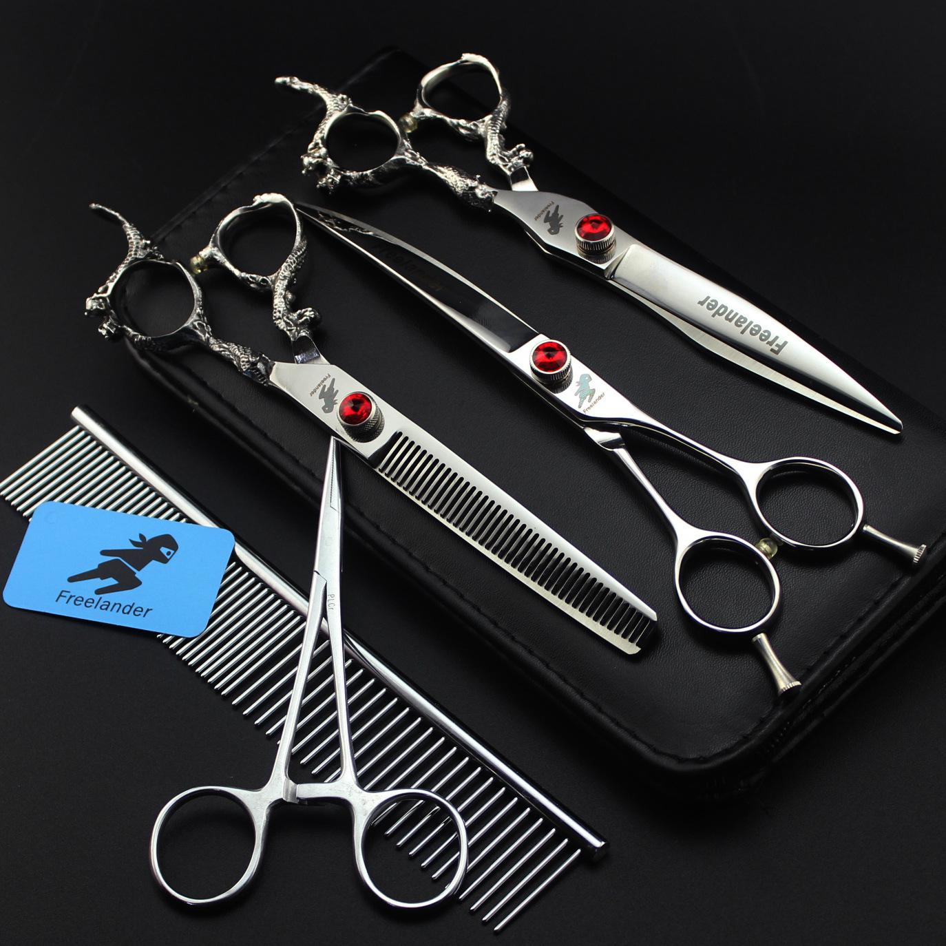 7  Dragon Handle Pet Grooming Scissors Set: Includes Straight, Curved Scissors, Dematting Comb, Fishbone Comb. Dragon Handle Fishbone Tooth Scissors
