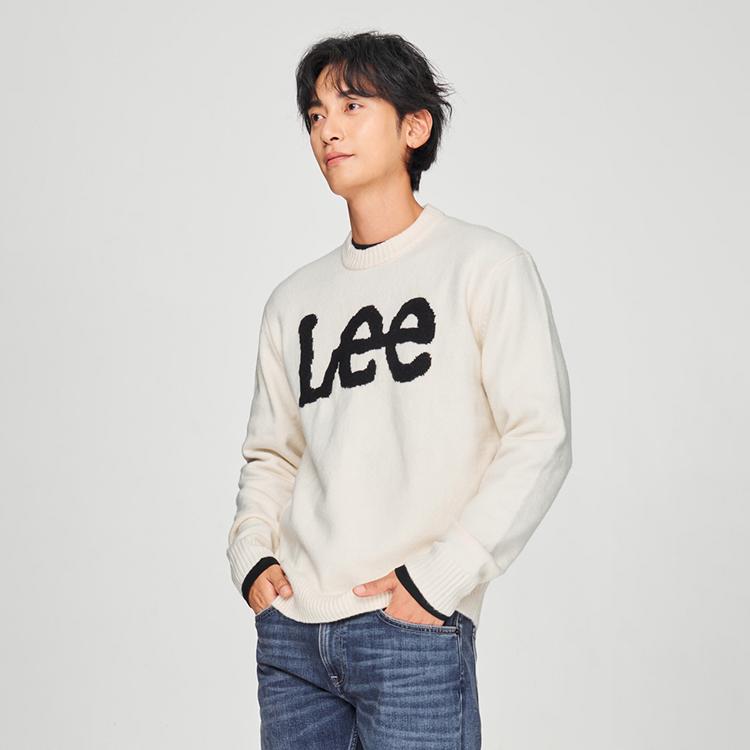 Lee Comfortable Pullover Round Neck Large Logo Casual Sweater Men Sweater Off-White LMT0095454UX00FA00005