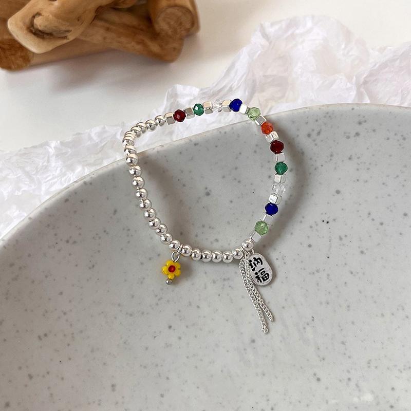 ANENJERY Colored Crystal Beaded Bracelet Women's Niche Design Lucky Fortune Flower Stretch Bracelets Jewelry Accessories