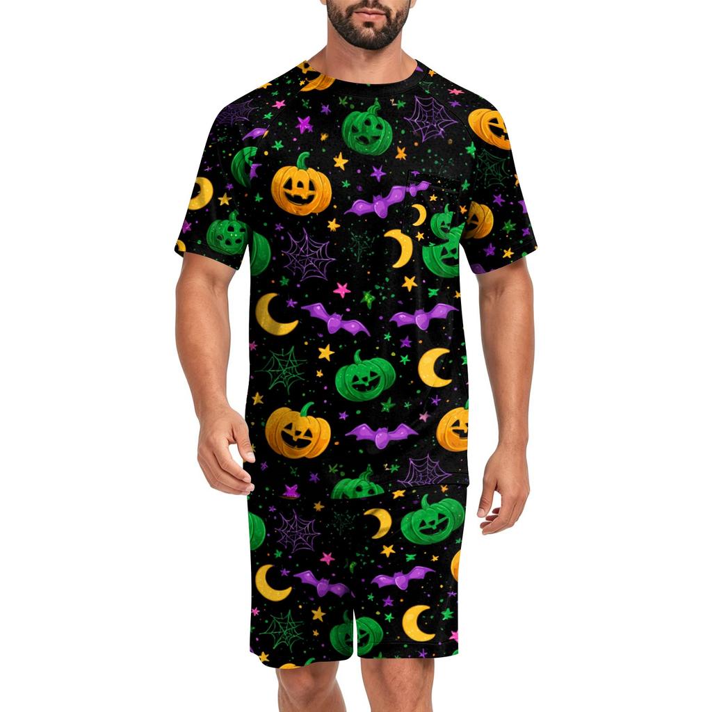 Men's Halloween Casual Pajama Set Short Sleeve Top and Shorts Comfortable Lightweight Sleepwear Set for Home Relaxation