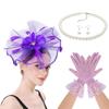 4IN1 Costume Tulle Hair Accessories Fascinator Hat Gloves Necklace Set For Equestrian Event Formal Occasion Dressingup
