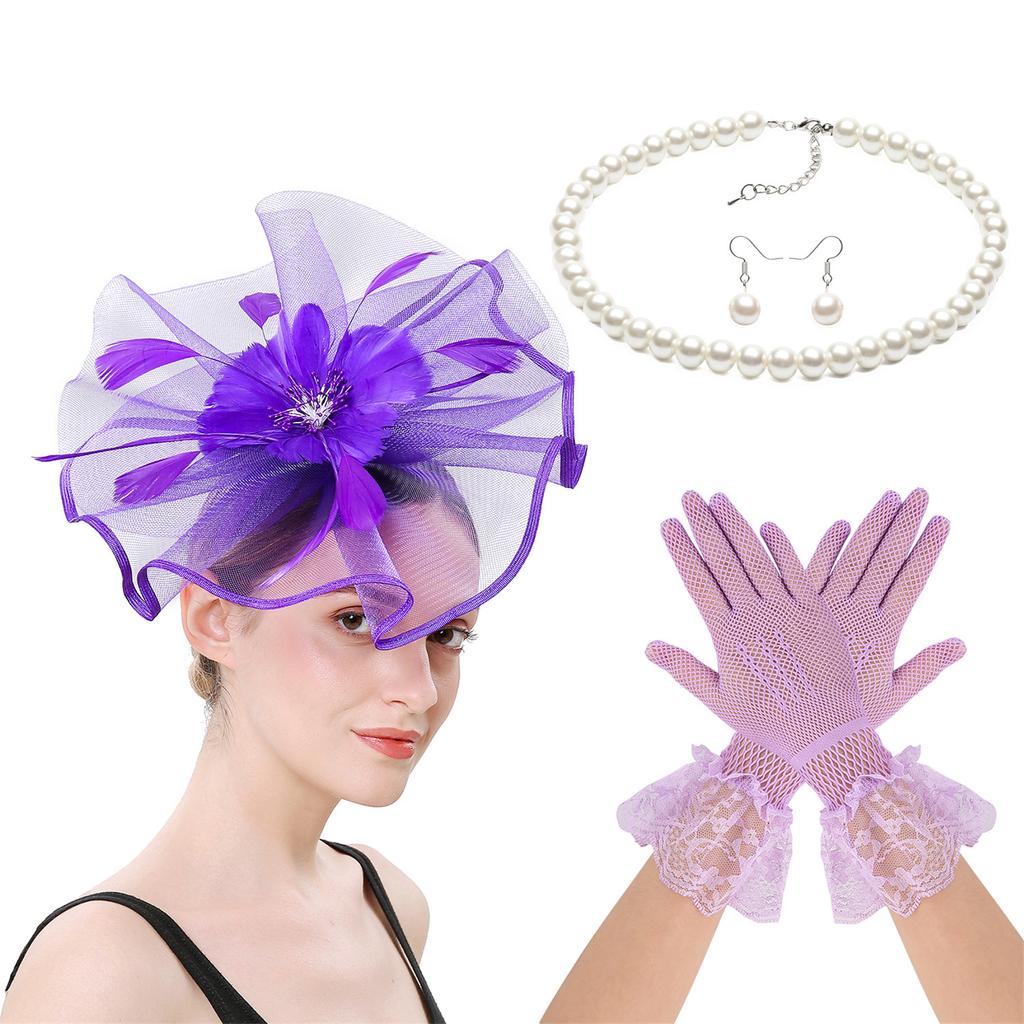 4IN1 Costume Tulle Hair Accessories Fascinator Hat Gloves Necklace Set For Equestrian Event Formal Occasion Dressingup