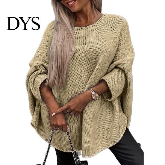 Pullover Sweater Women O-Neck 3/4 Sleeve Cloak Style Tops Mid-length Solid Color Loose Fit Elastic Breathable Knitting Cape