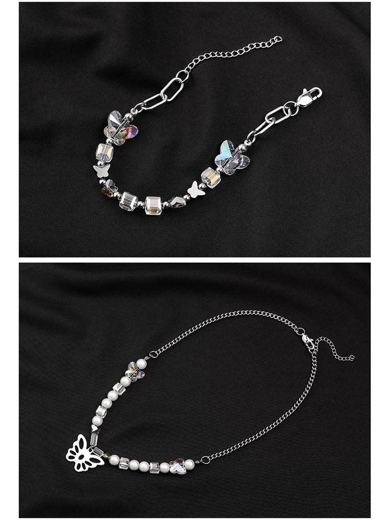 Urban Hip Hop Pearl & Crystal Reflective Stainless Steel Necklace - Titanium Clavicle Chain for Couples