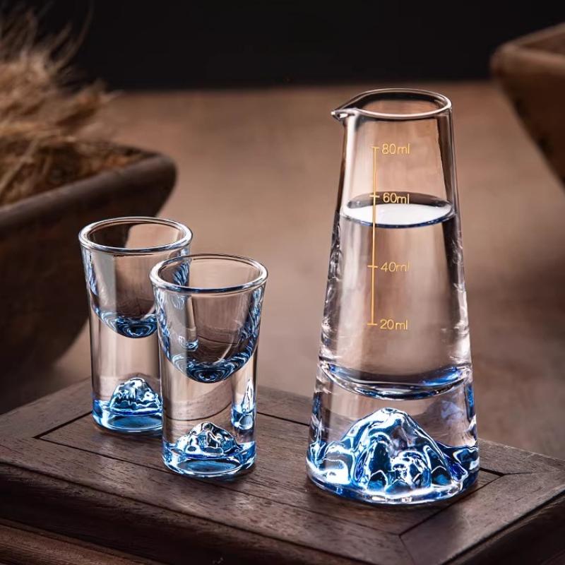 BRBlue Mountain Liquor Cup Transparent Glass Cup Wine Pot Set Wine Divider Drinking Utensils Wooden Frame Set Cups GlassesEY