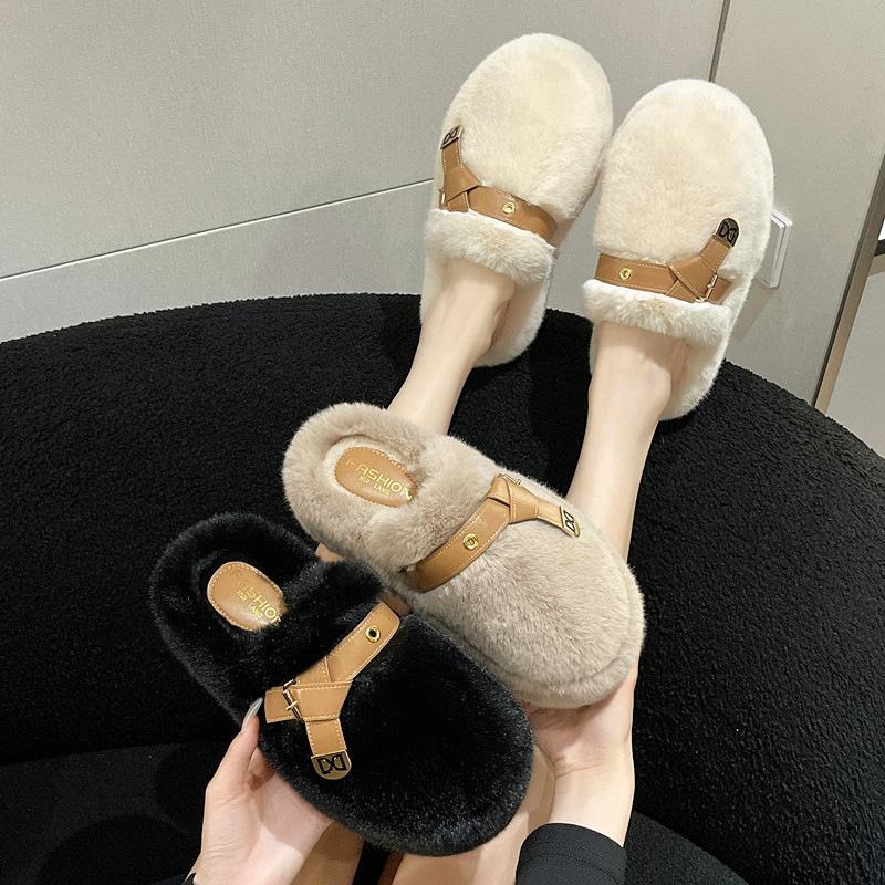 2025 Fall/Winter New Platform Toe Wool Slippers Women's Outer Belt Buckle Plus Size 35-42 Home Cotton Slippers