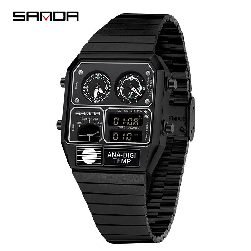 Relógio Masculino Digital LED SANDA 3192 Mostrador Quadrado Duplo Display Multifuncional Medição de Temperatura Esportivo Masculino de Pulso Presente