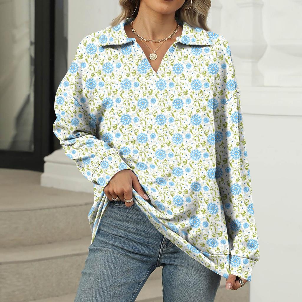 Women's Summer Fashion Casual  Printed V-Neck Long Sleeve Shirt Top