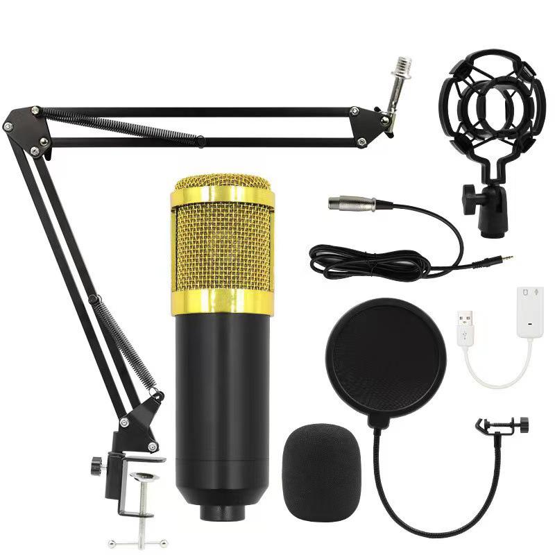 BM800 Condenser Microphone Set with V8 Sound Card, Boom Arm, and USB for Live Streaming and Mobile Use.