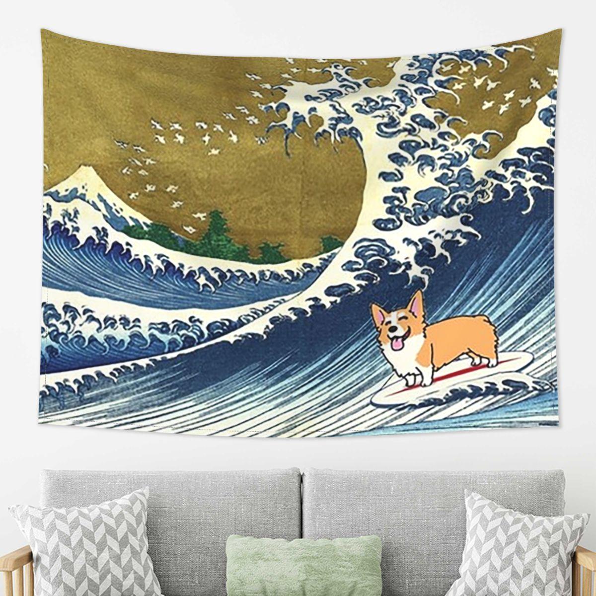 

Corgi Dog Surfing The Great Wave Tapestry Decoration Art Aesthetic Tapestries Living Room Bedroom Home Wall Cloth Wall Hanging 74x94cm(29x37in)