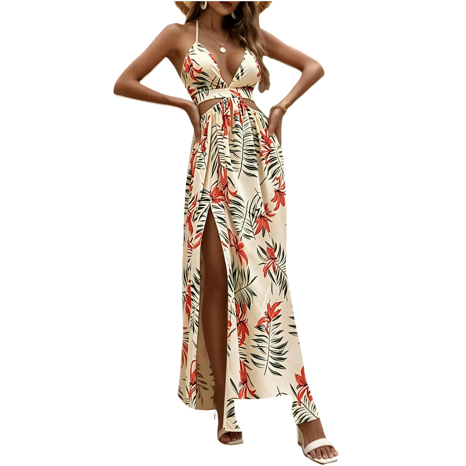 Women s Printed Backless Dress with Bow Tie Back Split Hem Maxi Dress Sleeveless Spaghetti Strap Summer Dress L бежевый
