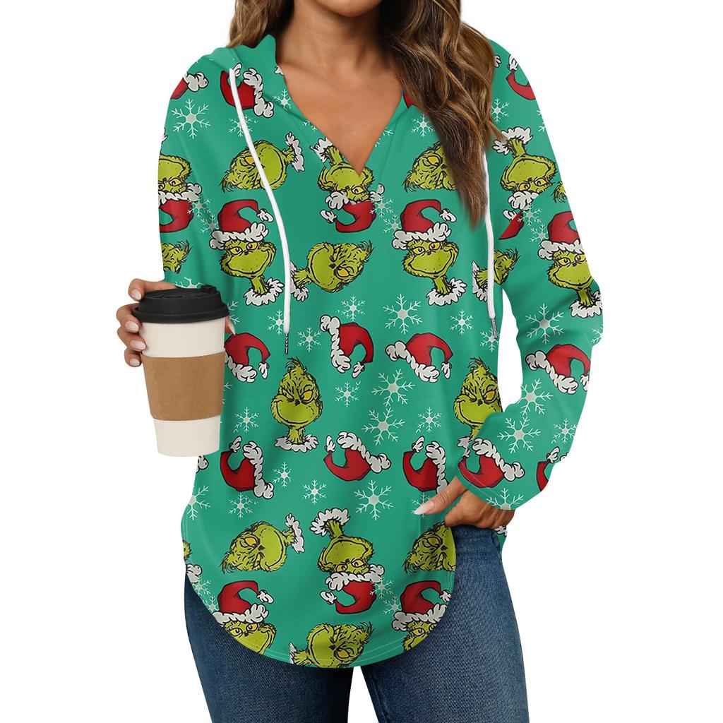 Women's Fashion Hoodies V Neck Long Sleeve Christmas Printed Drawstring Casual Loose Pullover Tops