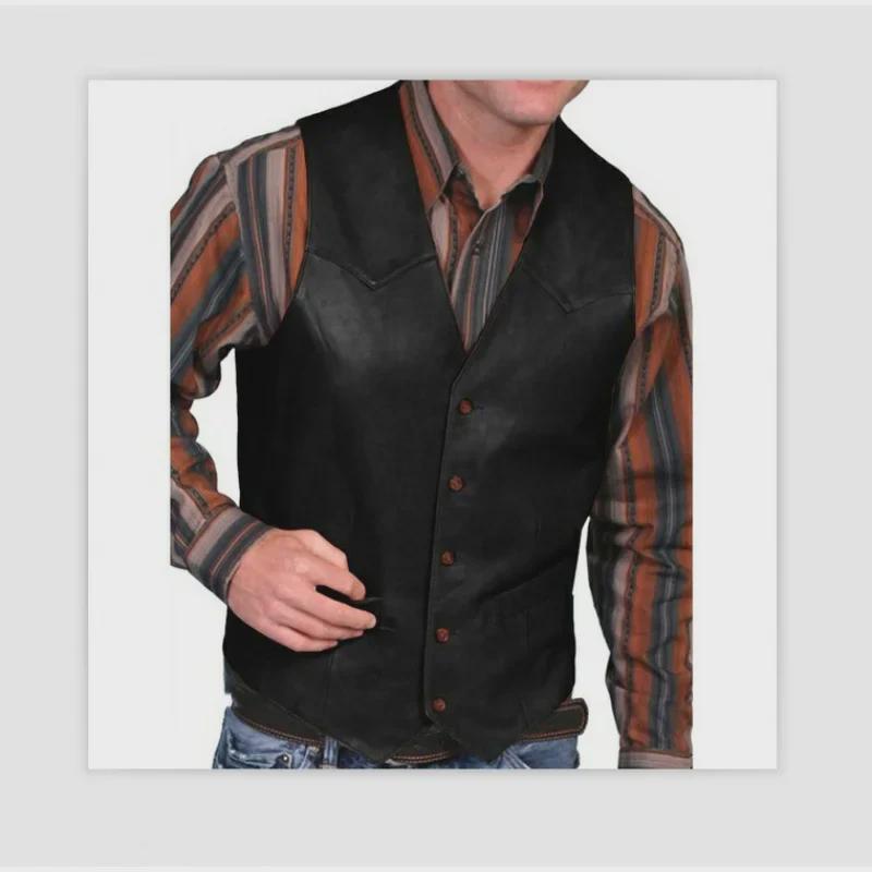 2023 Men's Retro European & American Single-Breasted Leather Vest Jacket