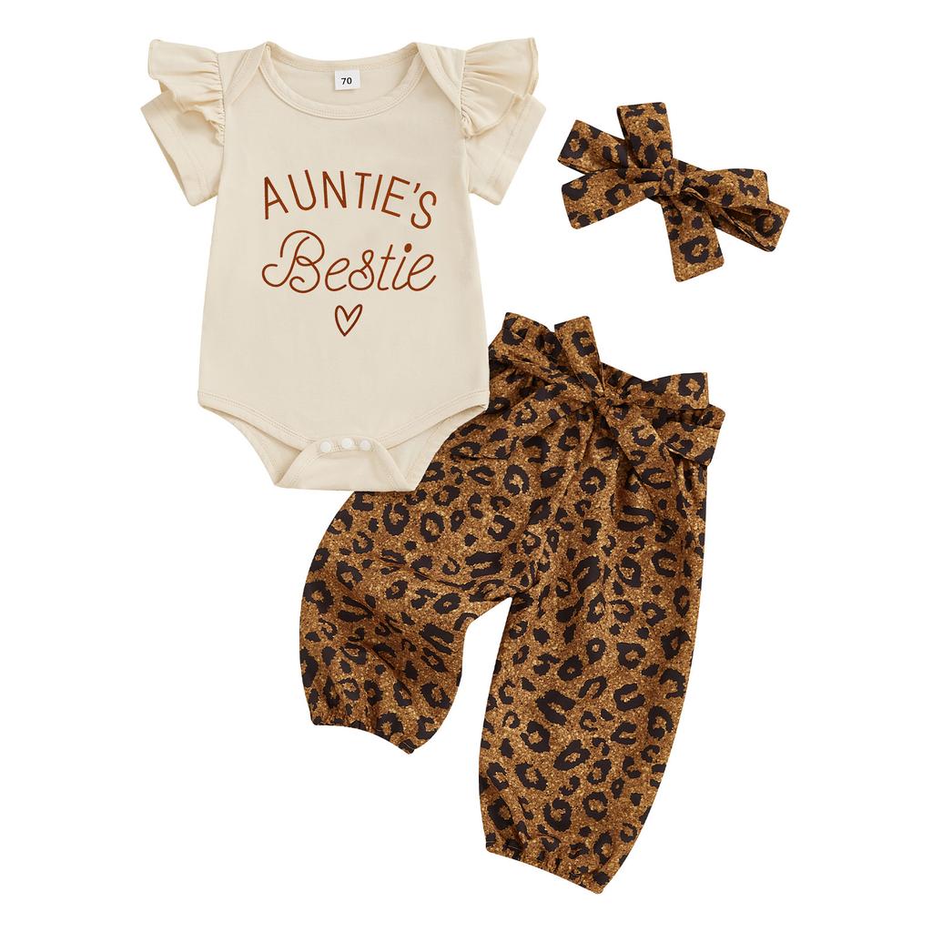 Baby Girls Summer Outfits Short Sleeve Letter Print Romper with Leopard Pattern Belted Pants and Headband