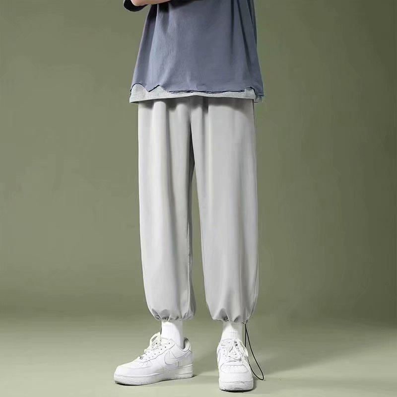 Pánské korejské letní ledové hedvábné ležérní kalhoty s širokými nohavicemi