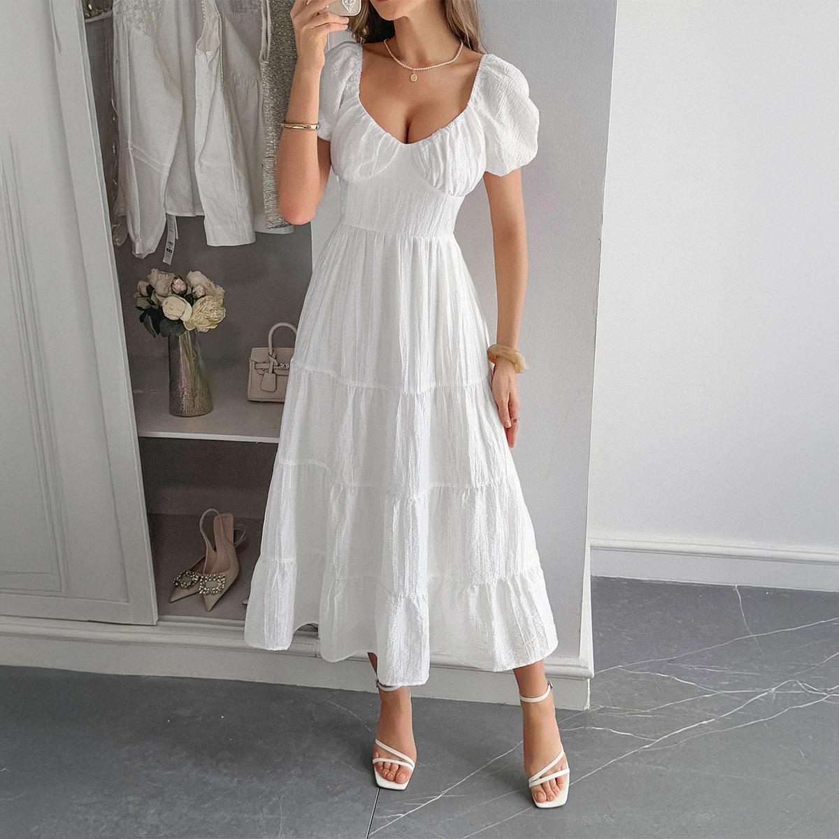 

European & American Elegant Solid Color Short-Sleeve Long Dress - Women s Spring/Summer 2025 Collection Small белый