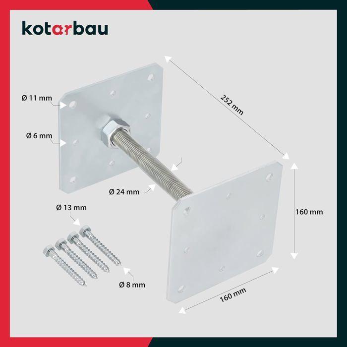 Support de poteau - set de 2 pied de poteau galvanisé et réglable - pour bois - filetage M24 mm - 160 x 160 x 250 mm - KOTARBAU