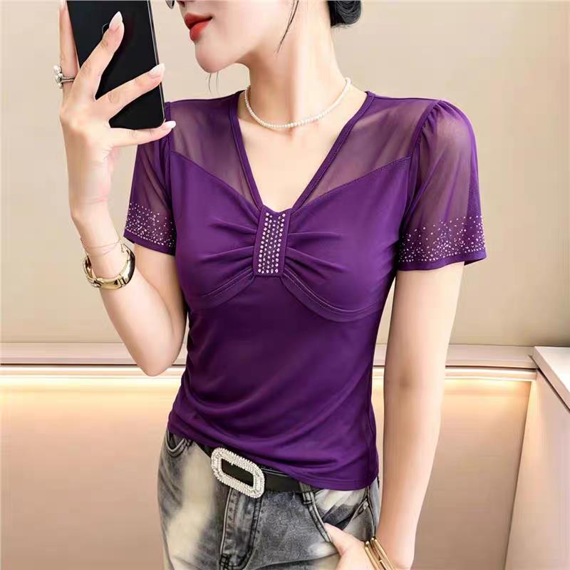 New 2026 Summer V-Neck Short Sleeved Women's T-Shirt Fashion Sexy Hot Diamonds Mesh Tees Streetwear Girl Slim Tops Blouse