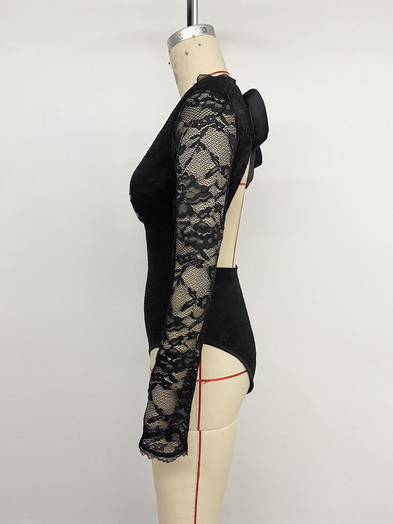 2025 Elegant European & American Lace V-neck Black Jumpsuit with Sexy Hollow Back.