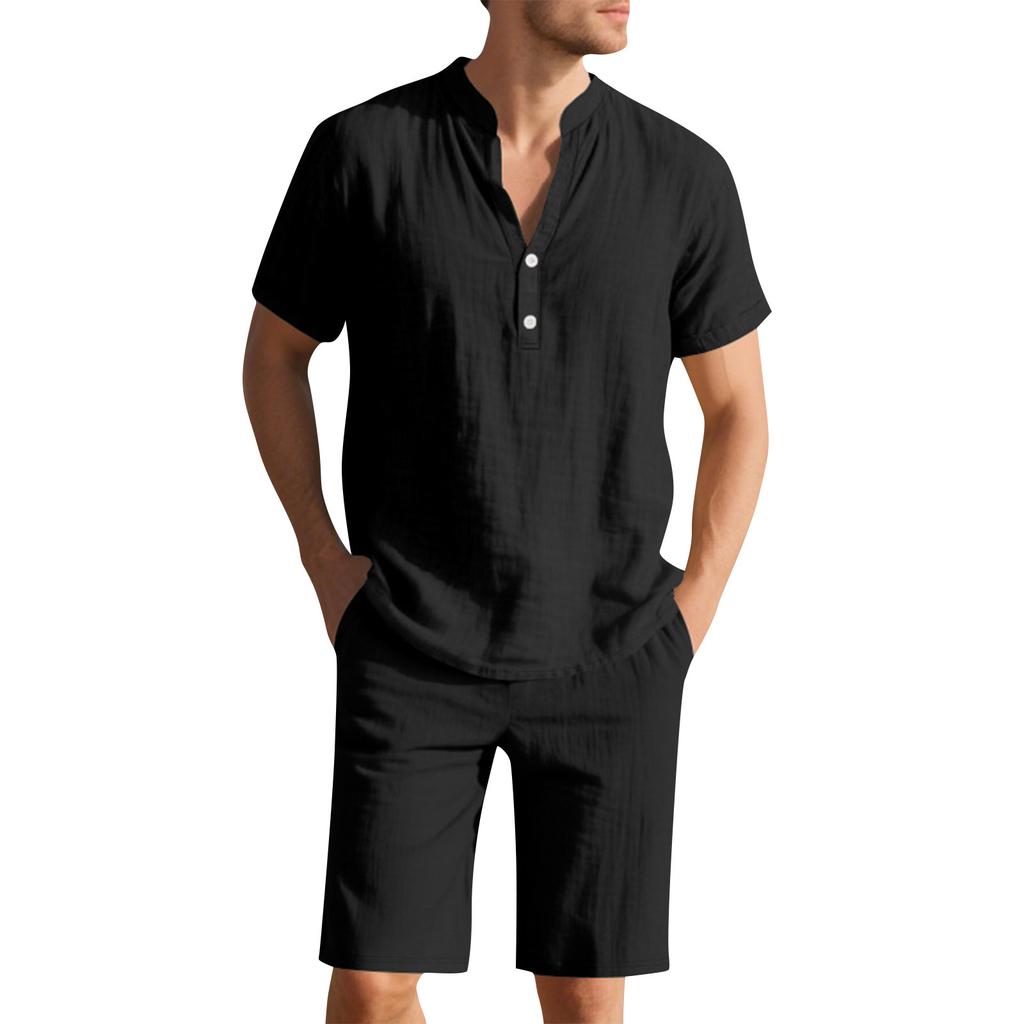 Men's Short Sleeve Shorts Suit Casual Loose Linen Men's Short Sleeve Shorts Suit