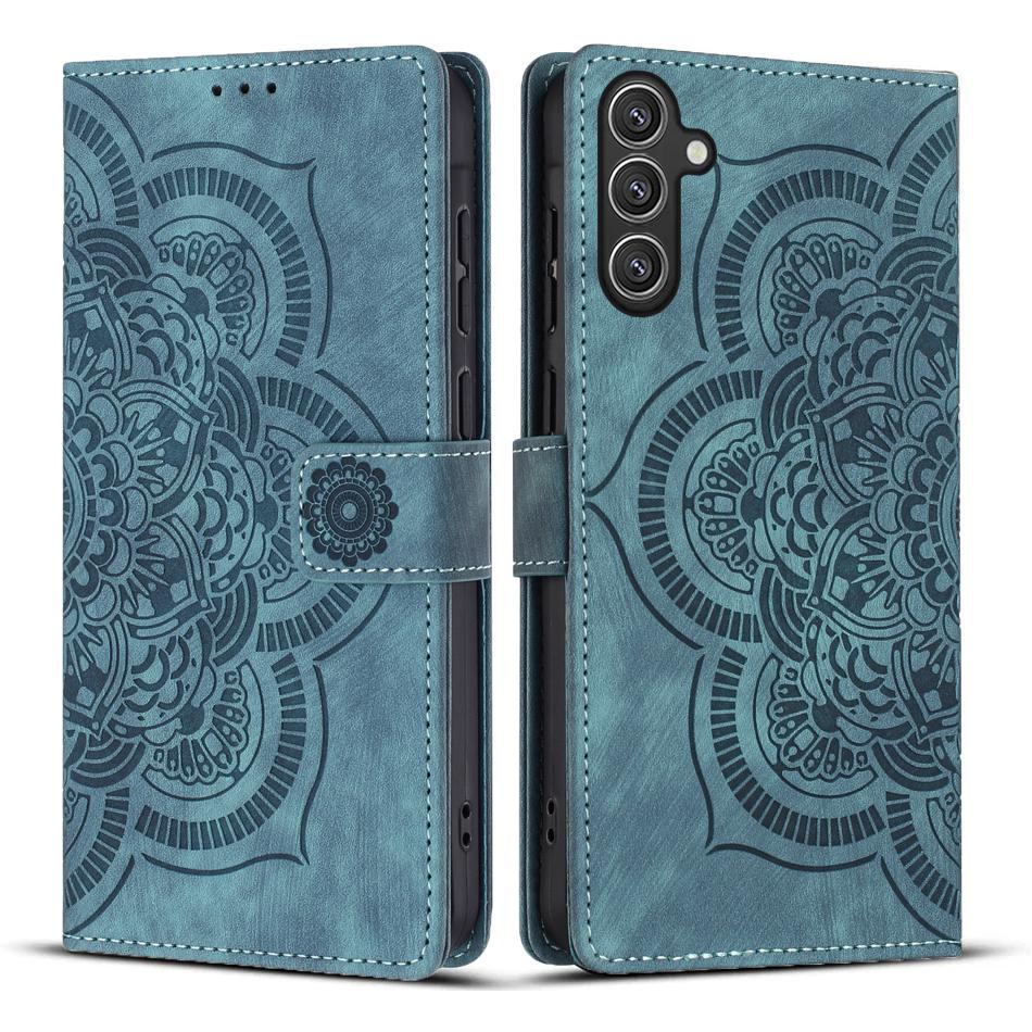 

For Samsung Galaxy S24 Leather Case WANLONFENG HDM Series Mandala Imprint Wallet Stand Phone Cover Blue