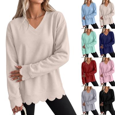 Women's Scalloped Wavy Hem Crewneck Sweatshirt, Loose Fit Color Drop Shoulder Long Sleeve Pullover Top for Casual Wear