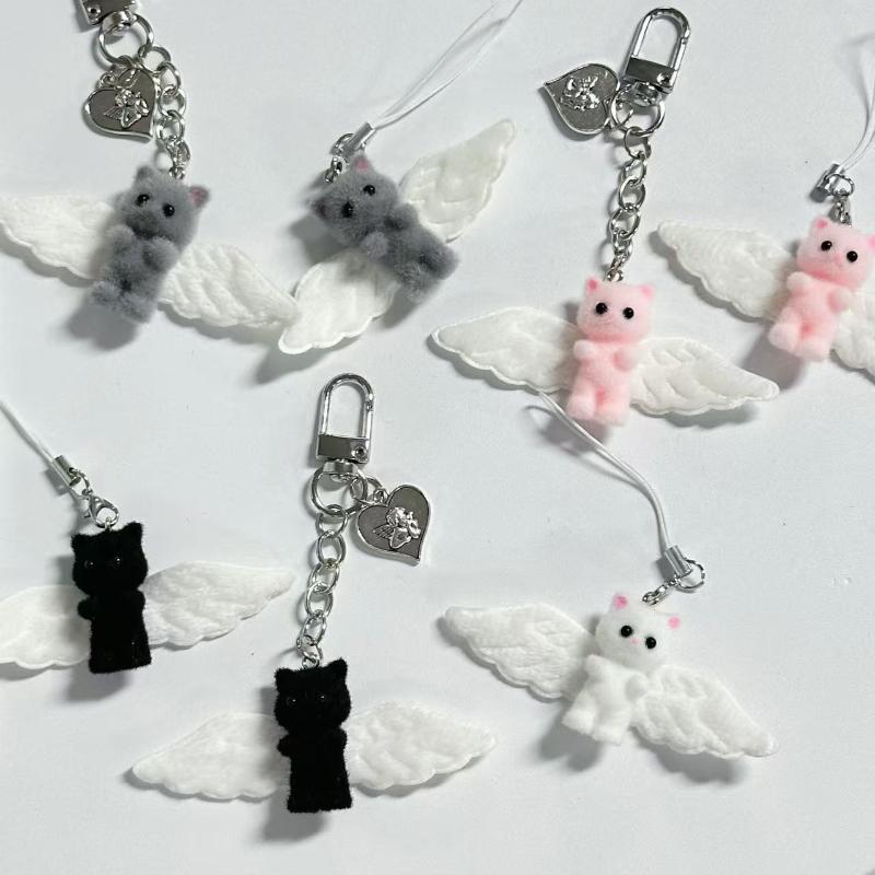 Cute Angel Wings Fuzzy Kitty Cat Heart Keychain Flocked Kitten Kawaii Phone Chain Anti-Lost Lanyard Pendant Bag Decor Gift