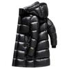 Men's and Women's Black and Gold Hooded Long Down Jacket - Thickened for Cold Protection